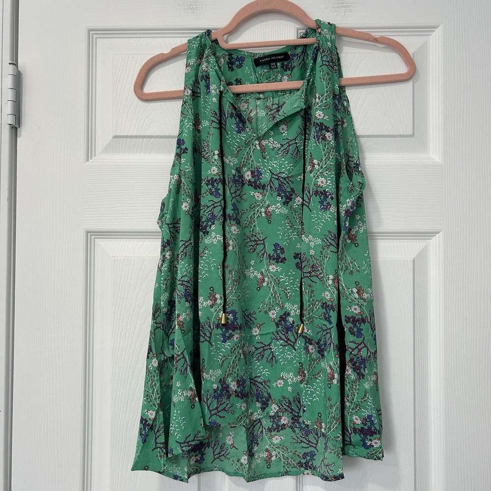 Karma Highway Green Floral Flowy Tank Top Tie Neck Boho Festival Summer Top NWOT